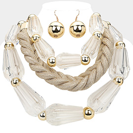 Chunky Lucite Bead Braided Cord Triple Layered Bib Necklace