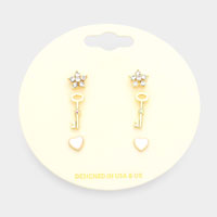 3Pairs - Stone Embellished Star Key Enamel Heart Stud Earrings