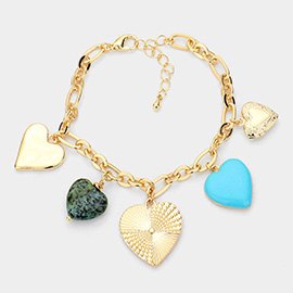 Semi Precious Enamel Metal Heart Charm Station Bracelet