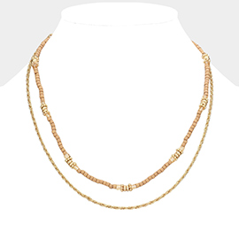 Metal Chain Wood Beaded Double Layered Necklace