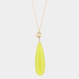 Textured Metal Round Natural Stone Teardrop Link Pendant Long Necklace