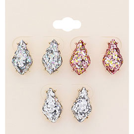 3Pairs - Glittered Petal Stud Earrings