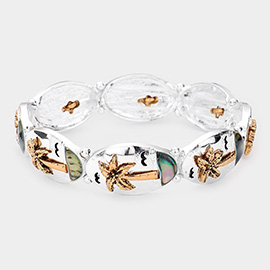 Palm Tree Abalone Accented Metal Oval Stretch Bracelet