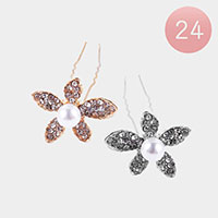 24PCS - Pearl Centered Stone Embellished Flower Hair Comb Pins