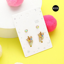 2Pairs - P Round Stone Unicorn Monogram Stud Kids Earrings