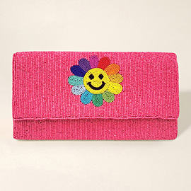Smile Flower Accented Seed Beaded Clutch / Crossbody Bag