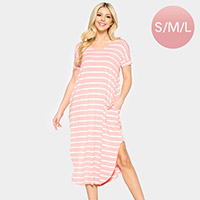 Striped Curved Hem Midi Pockets Dress