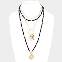 Double Horn Evil Eye Centered Pendant Wood Beaded Multi Layered Necklace