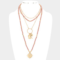 Double Horn Evil Eye Centered Pendant Wood Beaded Multi Layered Necklace