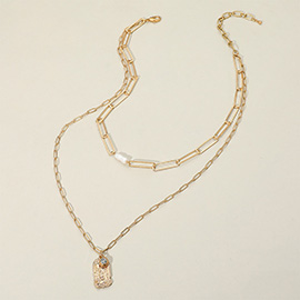 Freshwater Pearl Textured Brass Metal Rectangle Pendant Double Layered Necklace