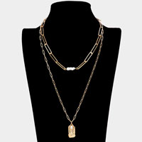 Freshwater Pearl Textured Brass Metal Rectangle Pendant Double Layered Necklace