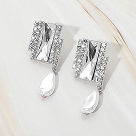 Rectangle Stone Accented Teardrop Freshwater Pearl Link Dangle Evening Earrings