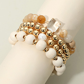 4PCS - Stone Wood Metal Ball Beaded Stretch Bracelets