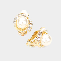 Pearl Accented Rhinestone Embellished Clip On Earrings