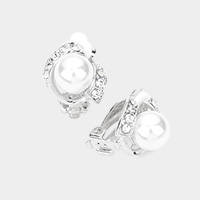Pearl Accented Rhinestone Embellished Clip On Earrings