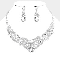 Teardrop Stone Accented Leaf Cluster Evening Necklace