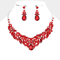 Teardrop Stone Accented Leaf Cluster Evening Necklace
