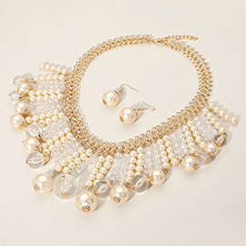 Pearl Clear beads Fringe Statement Necklace
