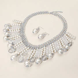Pearl Clear beads Fringe Statement Necklace