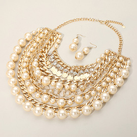 Stone Charm Chain Pearl Bib Necklace