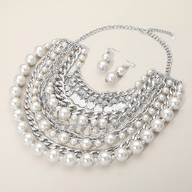 Stone Charm Chain Pearl Bib Necklace