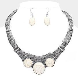 Antique Metal Natural Stone Accented Filigree Collar Necklace