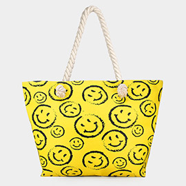 Smile Face Print Beach Tote Bag