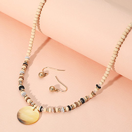 Wood Heishi Beaded Abalone Pendant Necklace