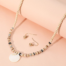 Wood Heishi Beaded Mother Of Pearl Pendant Necklace