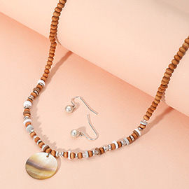 Wood Heishi Beaded Abalone Pendant Necklace