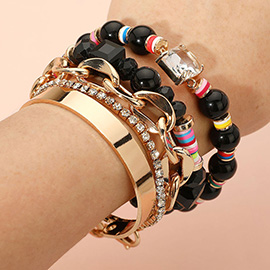 5PCS - Glass Stone Accented Metal Chain Link Beaded Bracelets and Metal Cuff