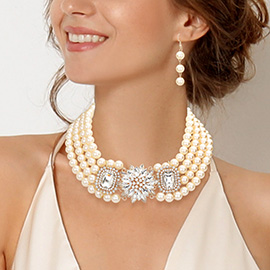 Marquise Stone Flower Rhinestone Pave Pendants Accented Pearl Necklace