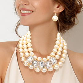 Rhinestone Pave Stone Accented Pearl Necklace