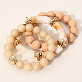 3PCS - Natural Stone Wood Ball Beaded Multi Layered Bracelet