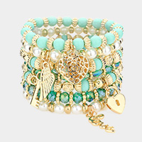 7PCS - Multi Beaded Dangle Pendant Stretch Layered Bracelets