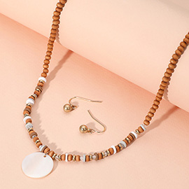 Wood Heishi Beaded Mother Of Pearl Pendant Necklace