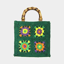 Granny Square Flower Pattern Crochet Bamboo Handle Crossbody Bag