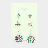 3PAIRS - Abalone Tree Of Life Stud Dangle Earrings