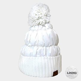 Fleece Lining  Puffer Knit Pom Pom Beanie Hat
