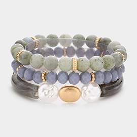 3PCS - Semi Precious Stone Pearl Resin Beaded Stretch Bracelets