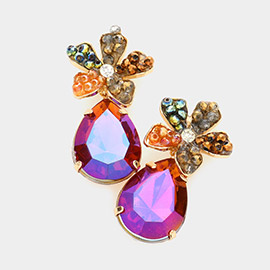 Beaded Flower Teardrop Stone Link Dangle Earrings
