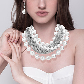 Bold Metal Braided Triple Layered Pearl Necklace