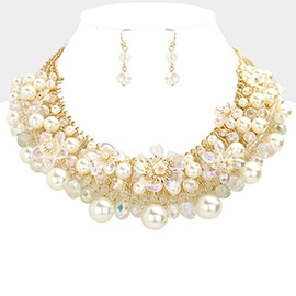 Flower Accented Pearl Bicone Beaded Necklace