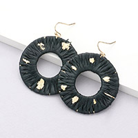 Gold Paint Splash Raffia Wrapped Open Circle Dangle Earrings
