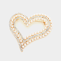 Pearl Rhinestone Embellished Open Heart Pin Brooch