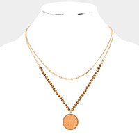 Round Wood Pendant Double Layered Necklace