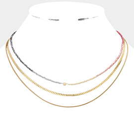Metal Chain Beaded Triple Layered Bib Necklace