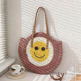 Smile Pointed Color Block Straw Round Shoulder Bag