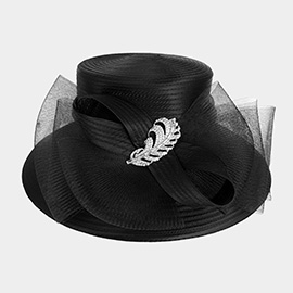 Rhinestone Embellished Feather Accented Mesh Bow Dressy Hat