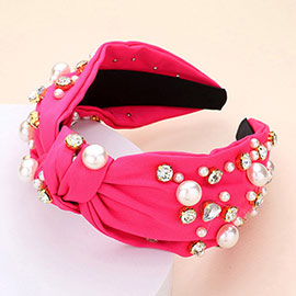 Pearl Round Stone Embellished Knot Burnout Headband